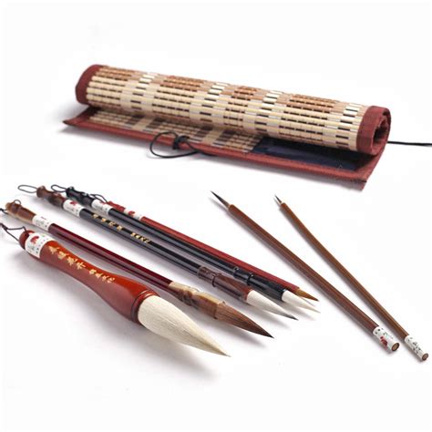 Chinese Calligraphy Brush Set With Roll Up Bamboo Brush Holder Pen Bag