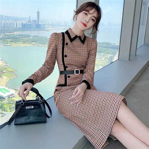 Women Elegant Korean Fashion Office Lady Bodycon Turn Down Collar Long