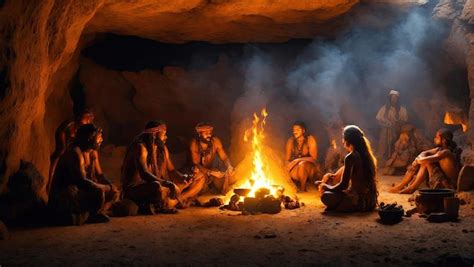 Premium AI Image Primitive People Warming Themselves By A Fire In A Cave