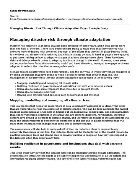 📗 Managing Disaster Risk Through Climate Adaptation Paper Example