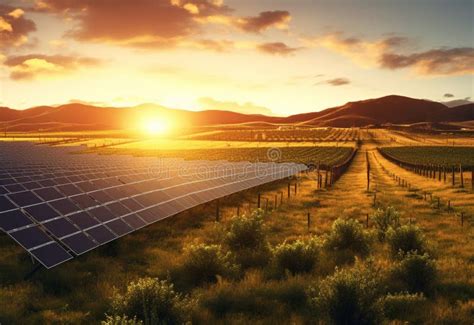 Solar Farm With Rows Of Solar Panels In The Sunrise Stock Illustration