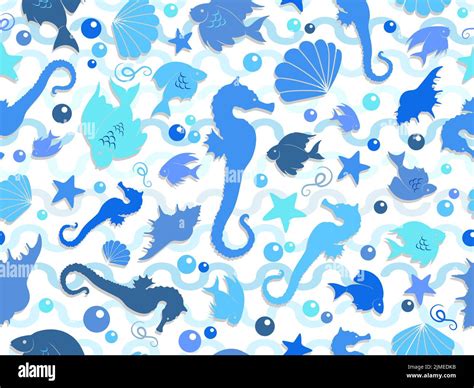 A Vector Illustration Of A Blue Marine Life Seamless Patterns For