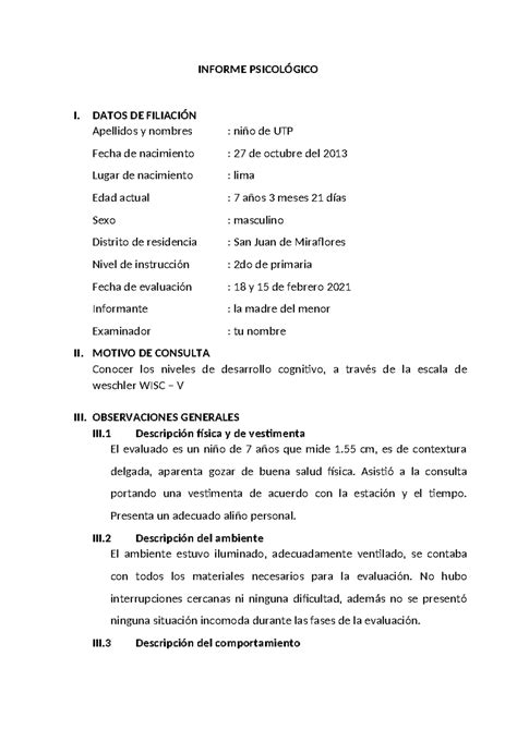 Informe Psicológico WISC V INFORME PSICOLÓGICO I DATOS DE