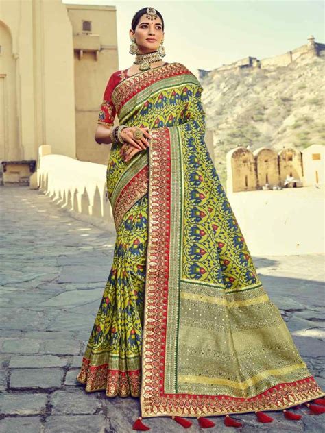 Multi Pathan Patola Pure Silk Embroidered Wedding Festival Heavy Border