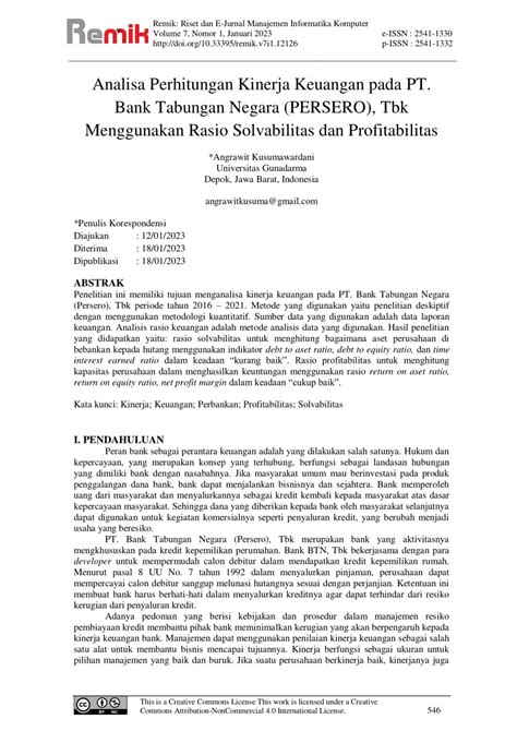 Pdf Analisa Perhitungan Kinerja Keuangan Pada Pt Bank Tabungan