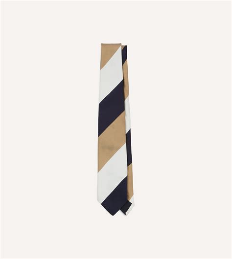 White Navy And Brown Wide Stripe Repp Silk Tipped Tie Drakes Us