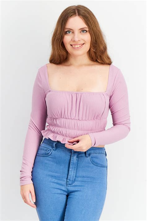 Buy Forever 21 Women Square Neck Long Sleeve Ruched Top Lavender Online Brands For Less