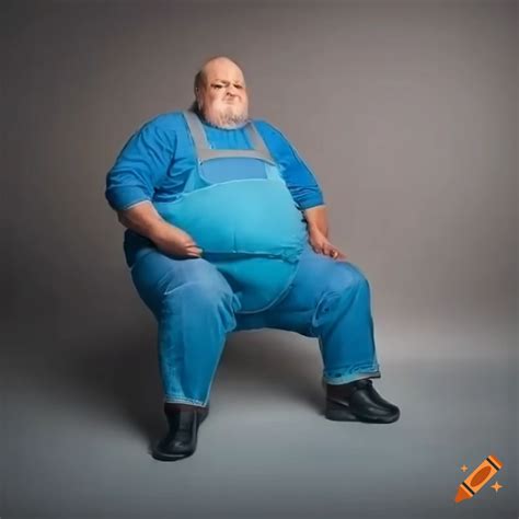 Fat Obese Old Red Bearded Man In Blue Dungarees Sitting In Rubber Boots