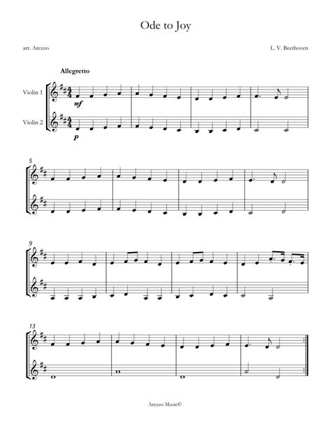 Ode To Joy Duo Of Violins Sheet Music For Beginners Arr Arezzo Music