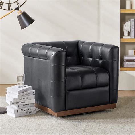 Jayden Creation Gunther Black Genuine Leather Swivel Club Chair With