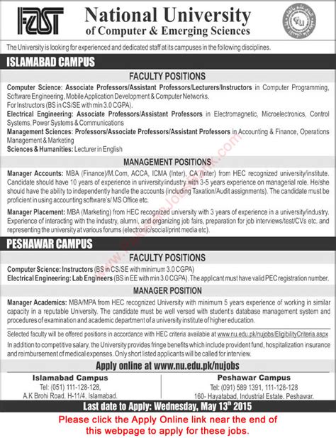 Fast National University Islamabad / Peshawar Jobs 2015 May Apply ...