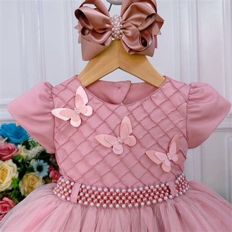 Vestido Infantil Rose Peito Nervura Aplique De Borboletas Elo