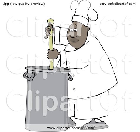 Clipart Of A Cartoon Black Male Chef Stirring A Large Pot Of Soup With