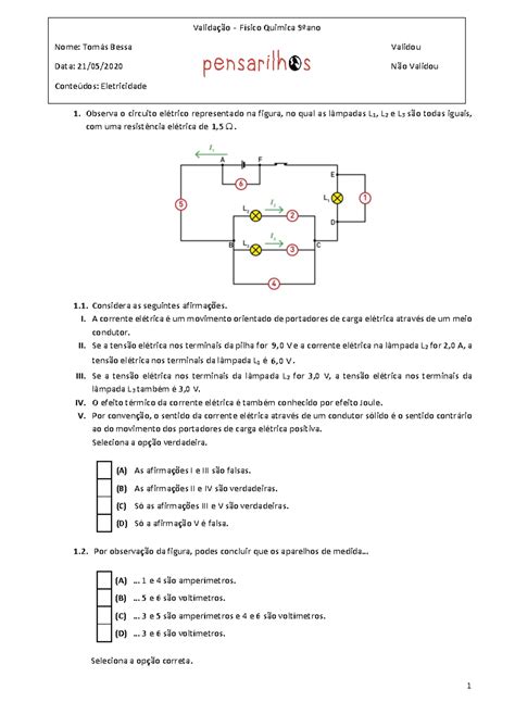 Ficha Eletricidade Observa O Circuito Elétrico Representado Na Figura