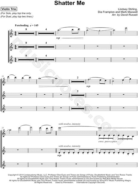 Lindsey Stirling Shatter Me Violin Trio Sheet Music In A Minor Download And Print Sku