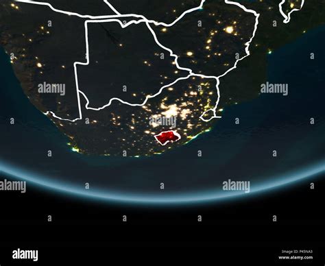 Lesotho Highlighted In Red On Planet Earth At Night With Visible