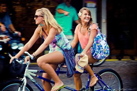 With A Tandem Bike With Her Friend Bicycle Women Tandem Bike Bike