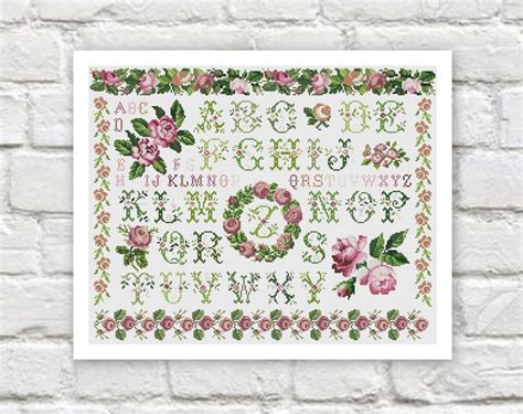 Flowers Alphabet Cross Stitch Pattern Colorful Art DIY X-stitch Chart Needlepoint Embroidery ...