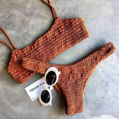 Geel Ruches Gehaakte Sexy Bikini Set Vrouwen Push Up Bh Biquini Badpak Driehoek Badmode Badpak