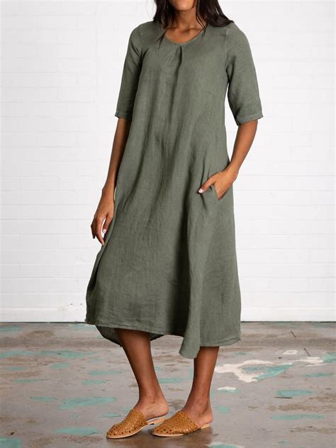 V Neck Half Sleeve Pockets Linen Women Midi Dress Roselinlin