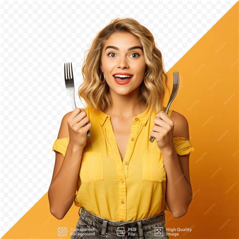 Premium Psd A Woman Holding A Fork And Knife In Front Of An Orange Background