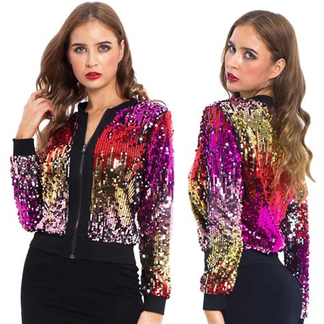 Women Sequin Jackets Sparkly Bomber Jackets V Neck Long Sleeve Zipper Glitter Clubwear Fashion