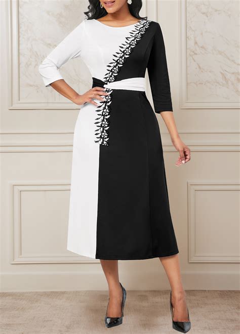 Patchwork Three Quarter Length Sleeve Black Dress Rosewe USD 31 98