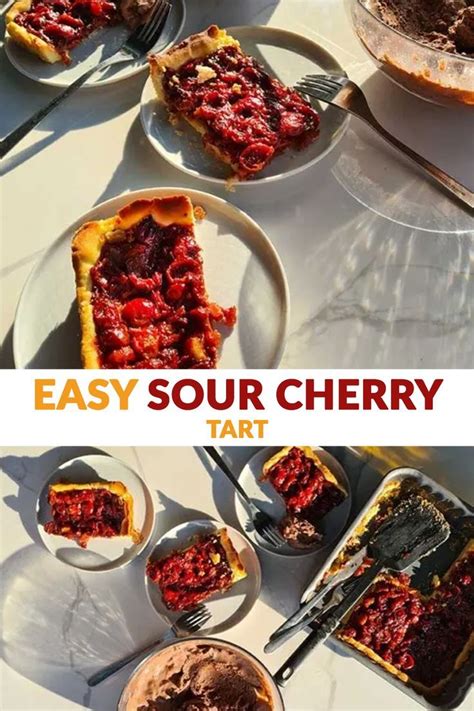 Easy Sour Cherry Tart Dessert Recipe On A White Table With Plates And