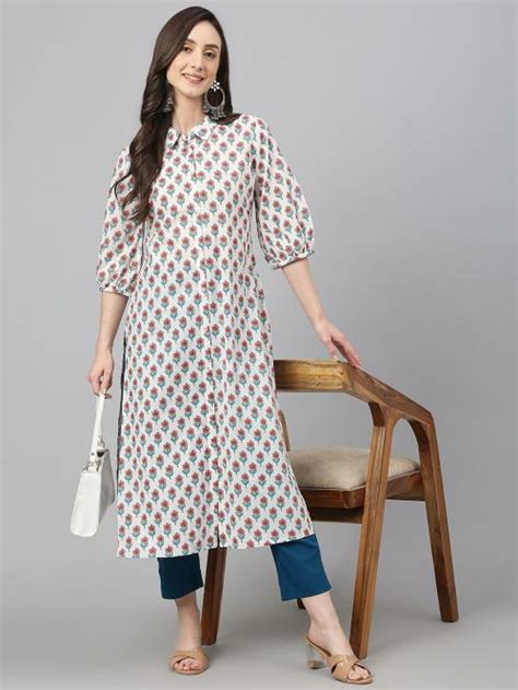 Buy Janasya Womens White Cotton Floral Print Straight Kurta Online At