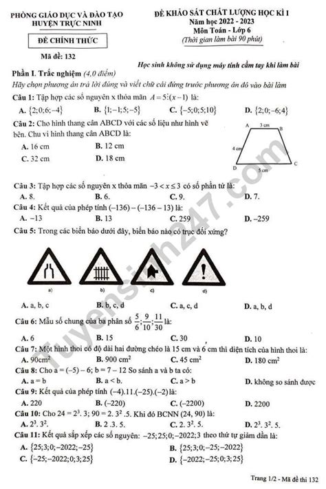 Đề thi cuối kì 1 môn Toán lớp 6 Phòng GDĐT Huyện Trực Ninh năm 2022