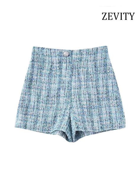 ZEVITY Shorts De Tweed Abotoado De Metal Feminino Cintura Alta Mosca