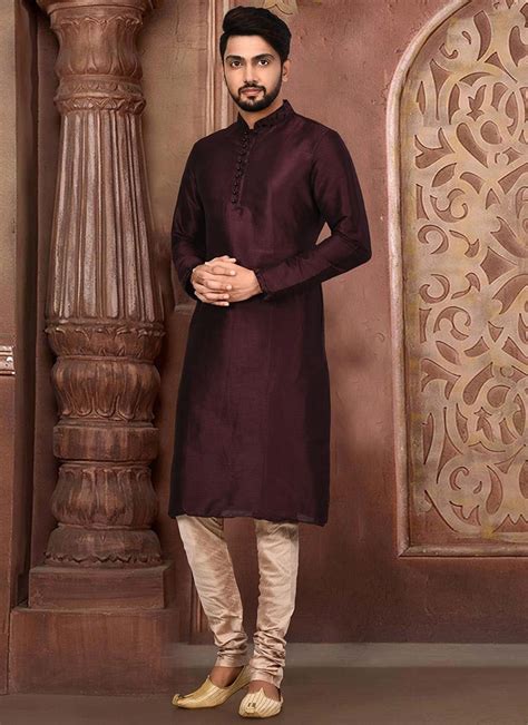 Buy Wine Dupion Art Silk Machine Embroidered Kurta Pyjama Party Wear