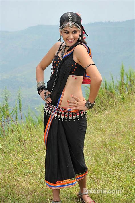 Actress Hot Pics Tapsee Pannu Latest Hot Navel Show In Black Saree