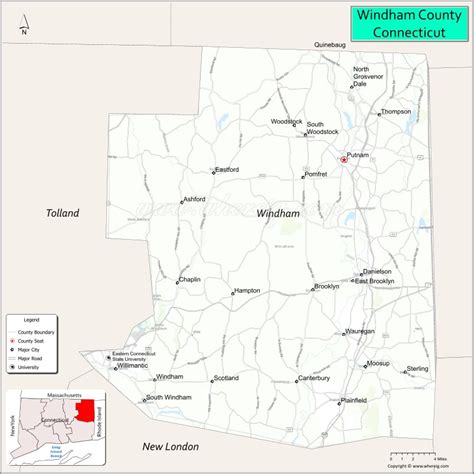 Map of Windham County, Connecticut showing cities, highways & important ...