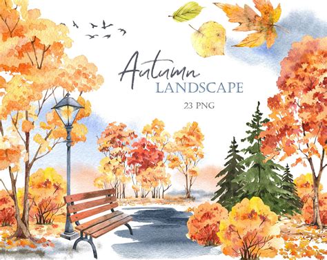 Autumn Landscape Watercolor Clipart Fall Forest Tree Clip Etsy