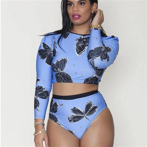 Plus Size Long Sleeve Butterfly Print Two Piece Set Women High Waist Bikini Swimsuit 2018 Sexy