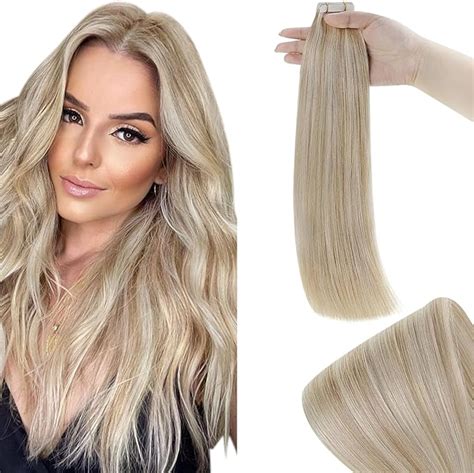 RUNATURE Tape In Hair Extensions Ash Blonde Highlights Platinum Blonde