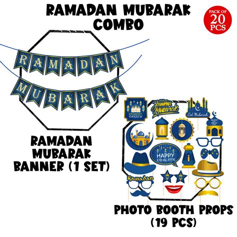 Eid Mubarak Photo Booth Props With Ramadan Mubarak Banner Pack Of