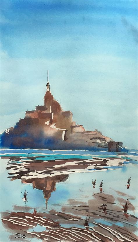 Aquarelle 2018 Mont St Michel D après Joel SIMON Reflets au Mont