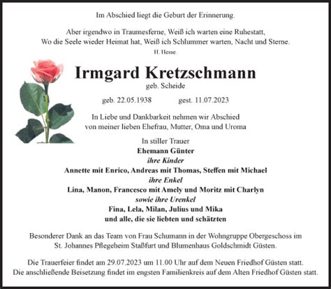 Traueranzeigen Von Irmgard Kretzschmann Abschied Nehmen De