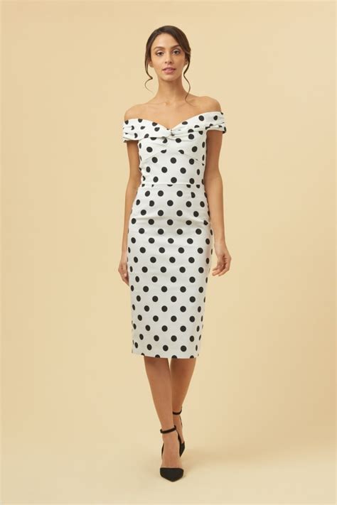 The Pretty Dress Company Novak Off The Shoulder Polka Dot Pencil Dress