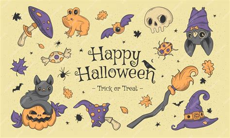 Premium Vector Happy Halloween Big Set Of Horror Hand Drawn Doodle Collection Halloween And