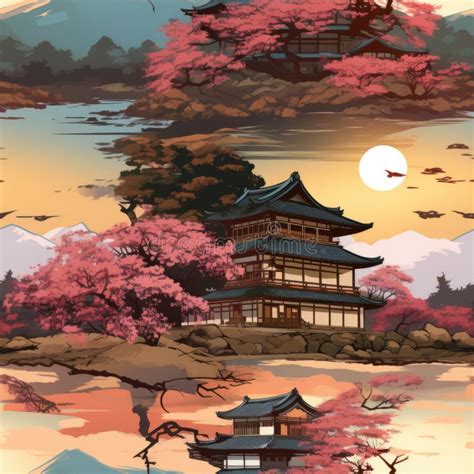 Uma Paisagem Japonesa Um Pagode Ao Fundo Ilustra O Stock