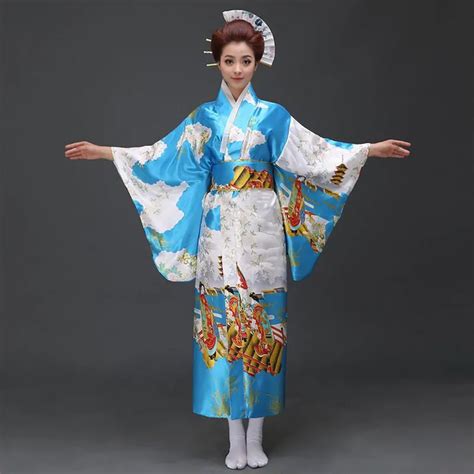 Buy Blue Traditional Japanese Women Kimono Yukata With Obi Sexy Party Dress