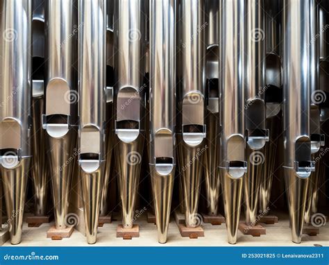 Modern Steel Organ Pipes Structure Of Organ Musical Instrument Close