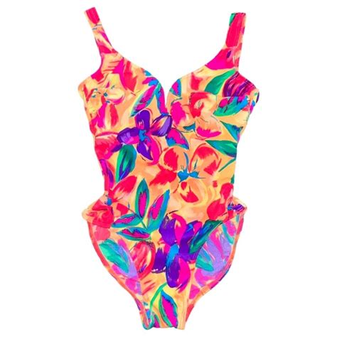 Sunstreak Swim Vtg 9s Sunstreak Bright Neon Floral Print High Cut