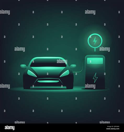 Electric Car With Green Glowing On Dark Background EV Charge Station