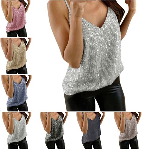 Womens Glitter Strappy Tank Tops Ladies Sexy Cami Swing