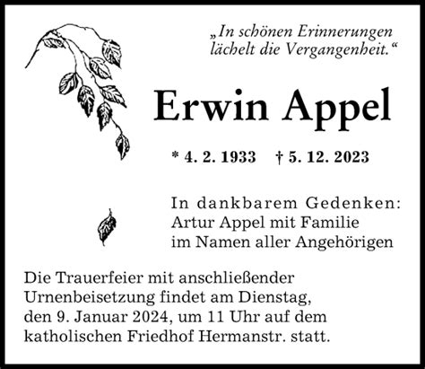 Traueranzeigen Von Erwin Appel Augsburger Allgemeine Zeitung