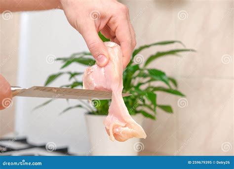 Defrosted Raw Chicken Fillet On Cutting Board Slicing Fresh Raw